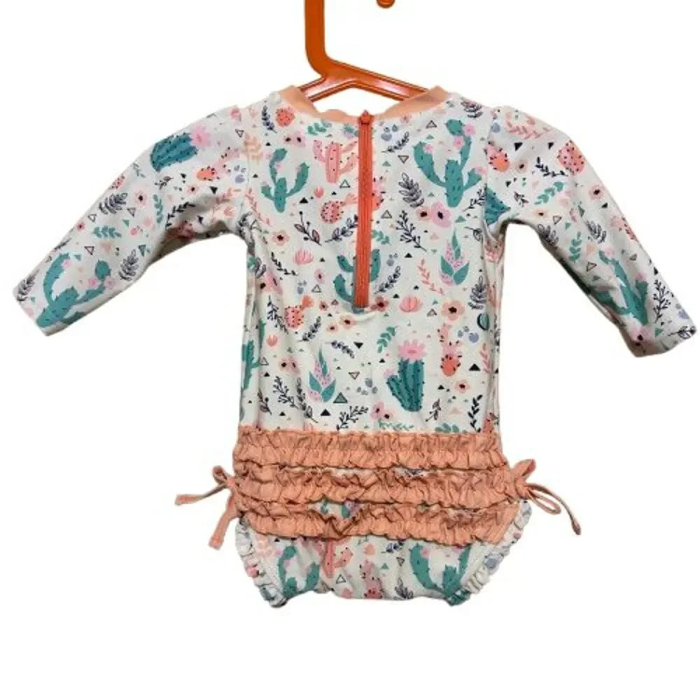 Ruffle Butts Swimsuit Baby 6-12 Month Colorful Floral Cactus Long Sleeve Boho